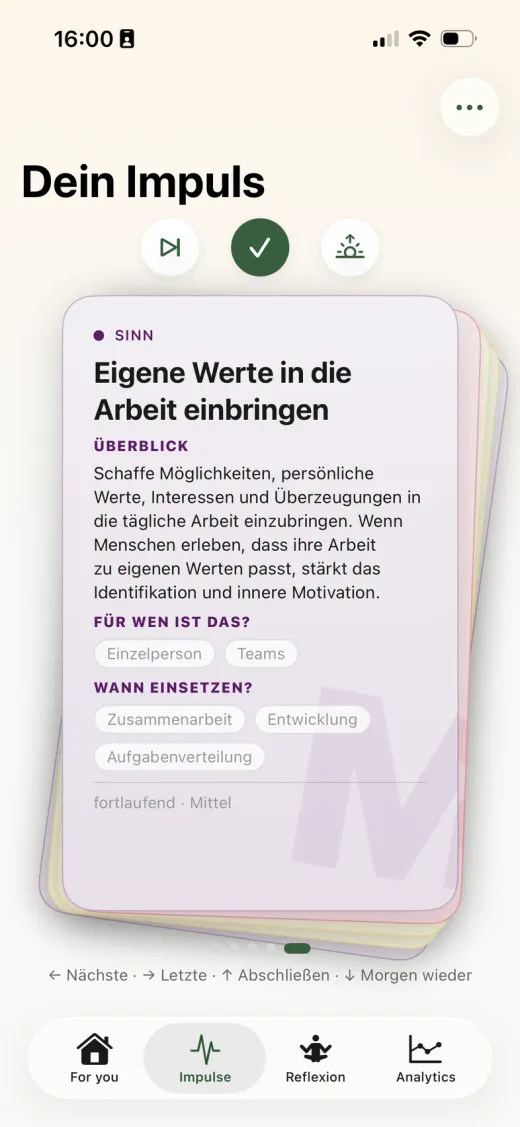 App-Ansicht Dein Impuls mit einer Karte zur Dimension Sinn